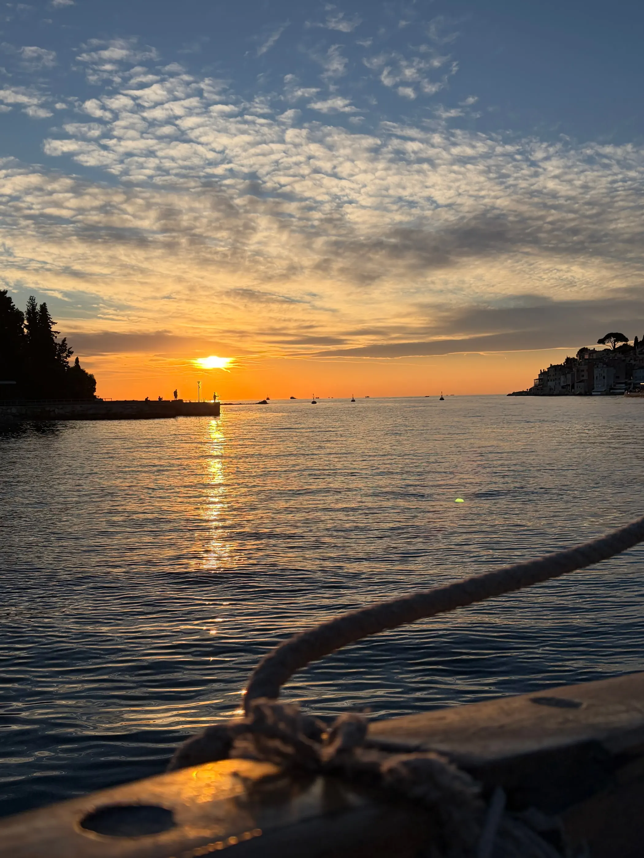 Rovinj's old town and coastline seen from the sea at golden hour