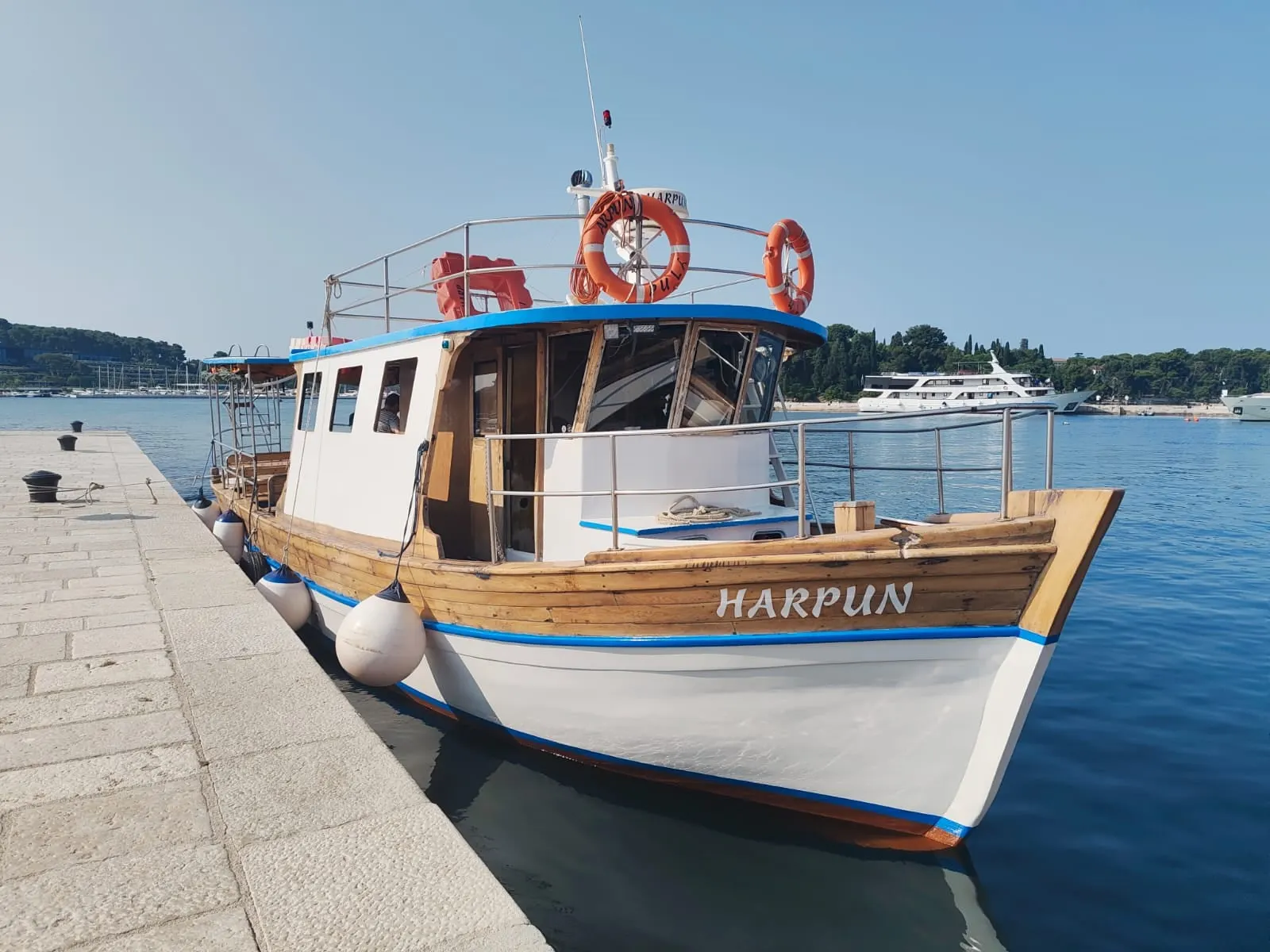 The Harpun boat moored at the Rovinj waterfront